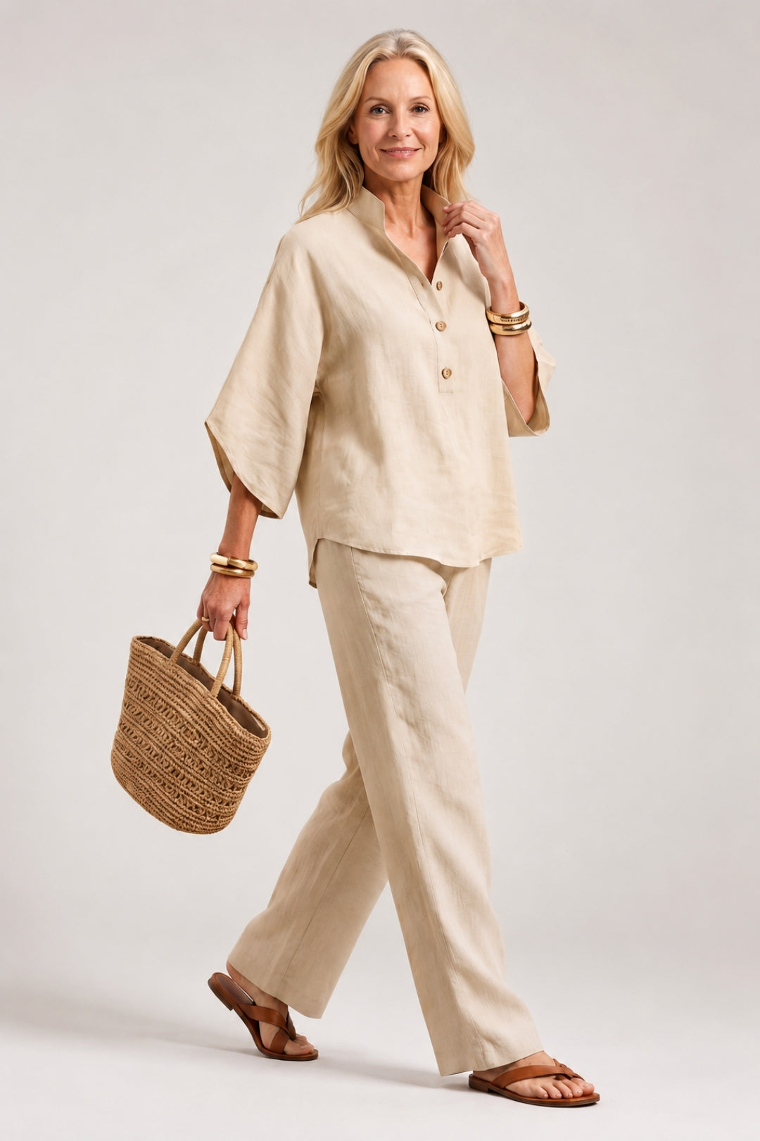 Linen Set Women – Kimono Top & Classic Straight-Leg Trousers