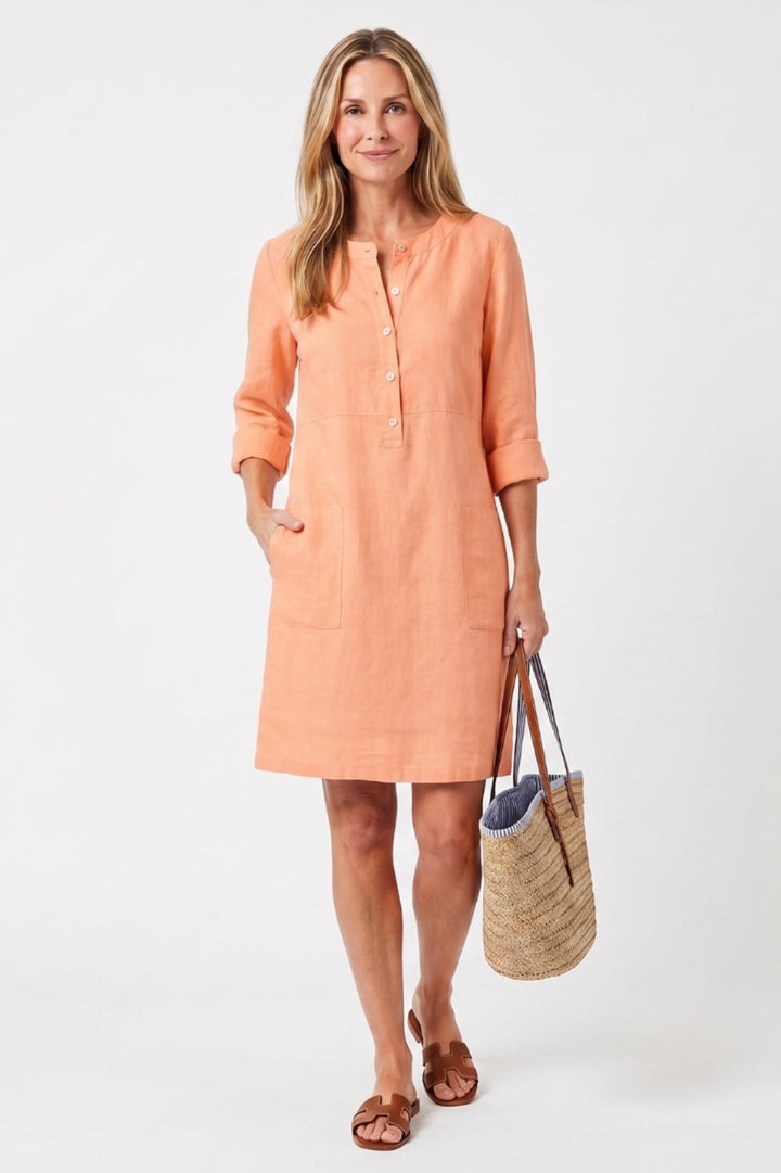 Women's Straight Cut Midi Dress - 3/4 Sleeve Linen Boho Dress with Side Pockets