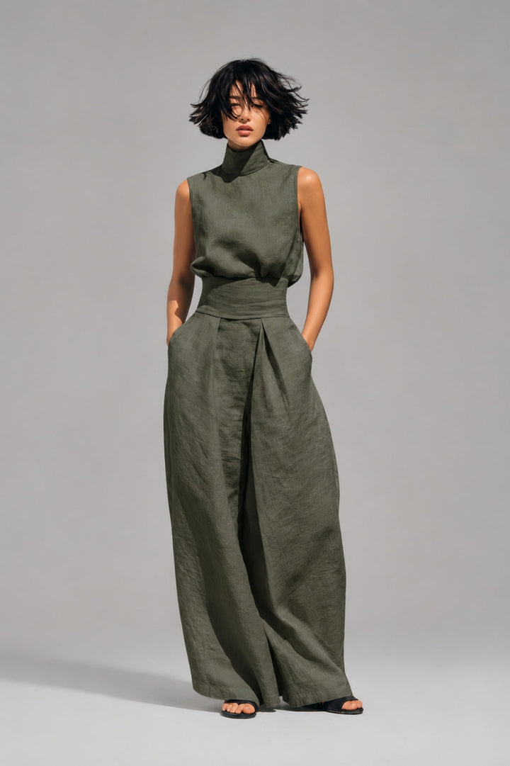 Women's Set with a Flowing Silhouette | Sleeveless Top with a Turtleneck and Wide-Leg Palazzo Pants