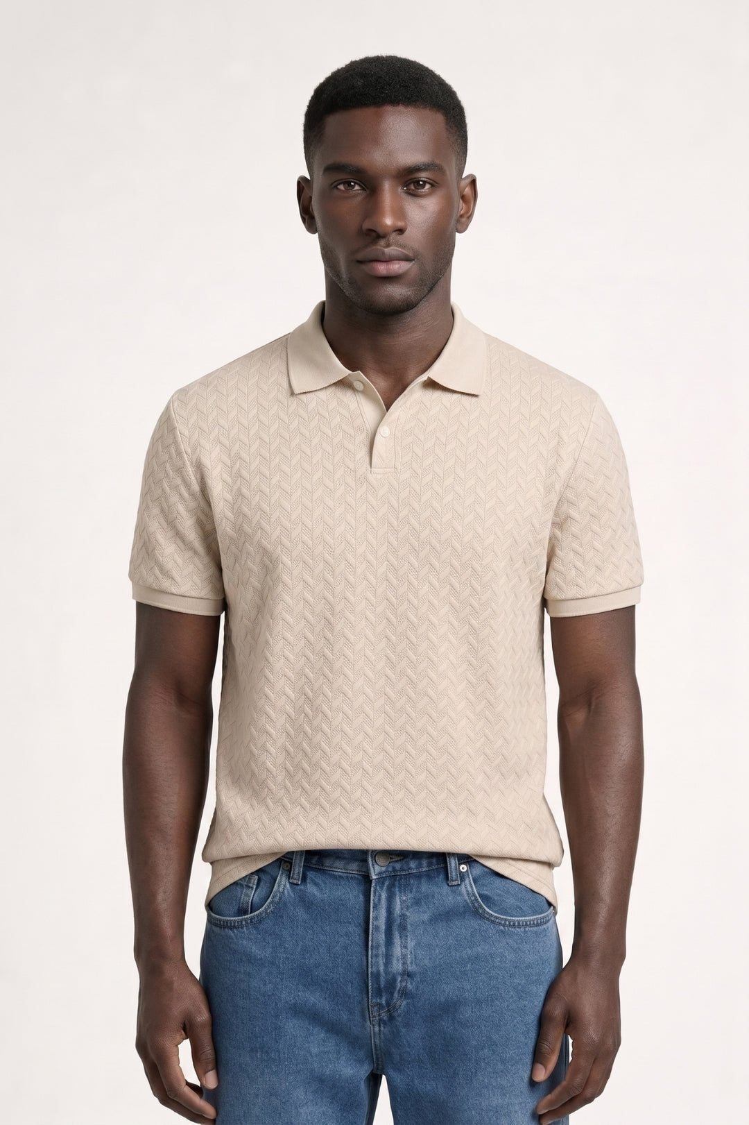 Structured Men's Polo Shirt | Herringbone pattern, classic collar, and neat short sleeves