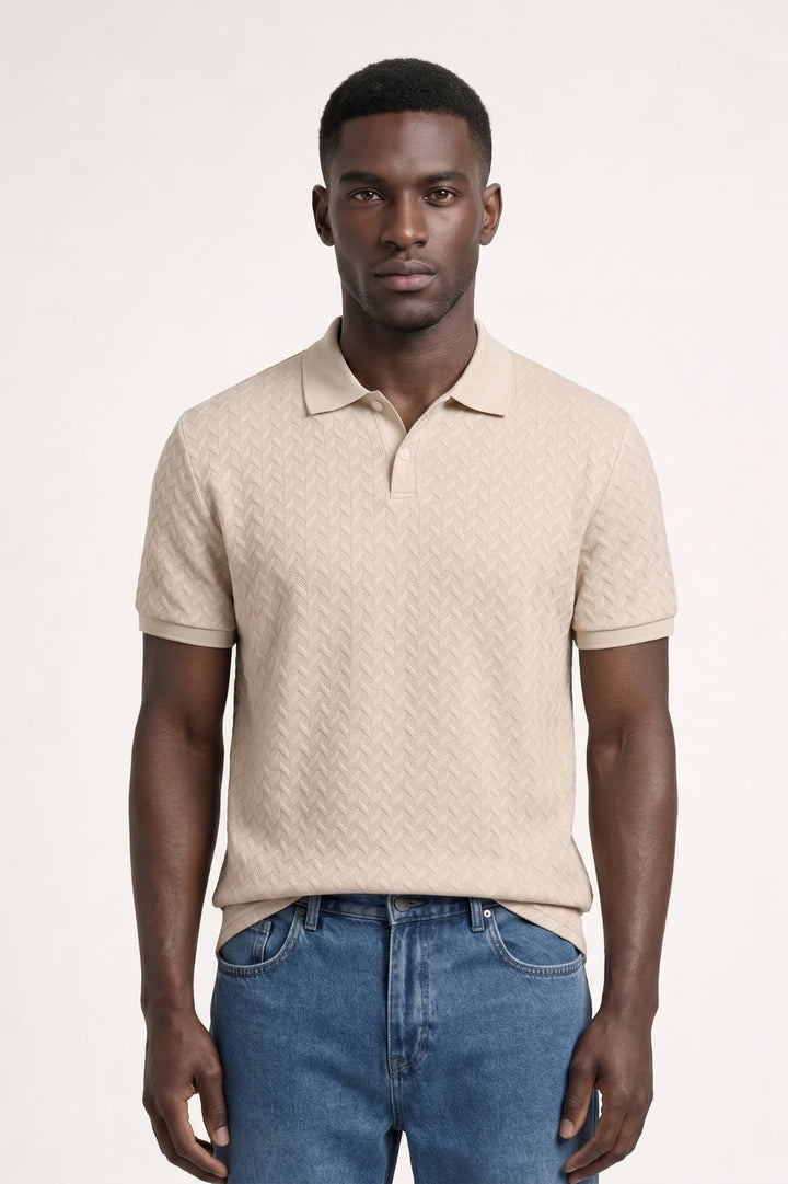 Structured Men's Polo Shirt | Herringbone pattern, classic collar, and neat short sleeves