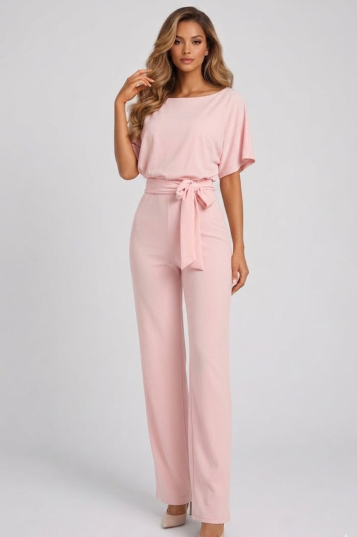 Women's Jumpsuit | Wide Leg & Tie Belt | Beige