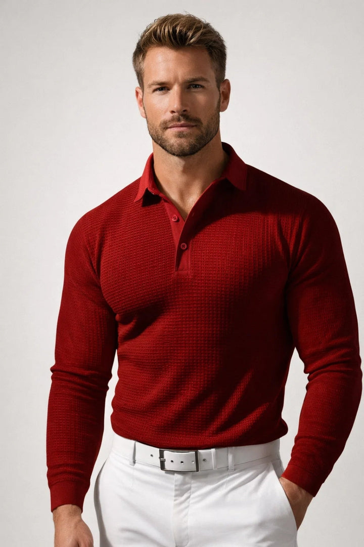 Men's Polo Shirt - Long Sleeve Waffle Knit - Light Grey