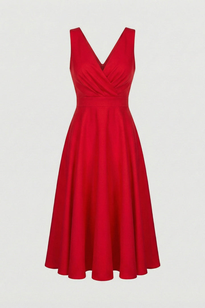 Women's Elegant A-Line Midi Dress - Powder Pink V-Neck with High Waist & Flowy Skirt
