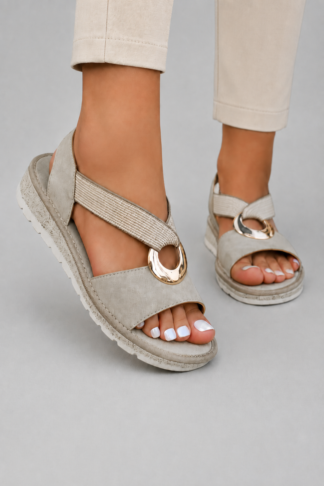 Stylish flat women's sandals | Crisscross straps, open toe, metal ring detail