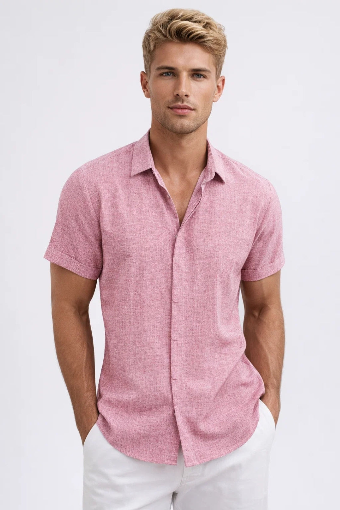 Men's Short Sleeve Shirt - Loose Fit - Sage Green Casual Button-Up