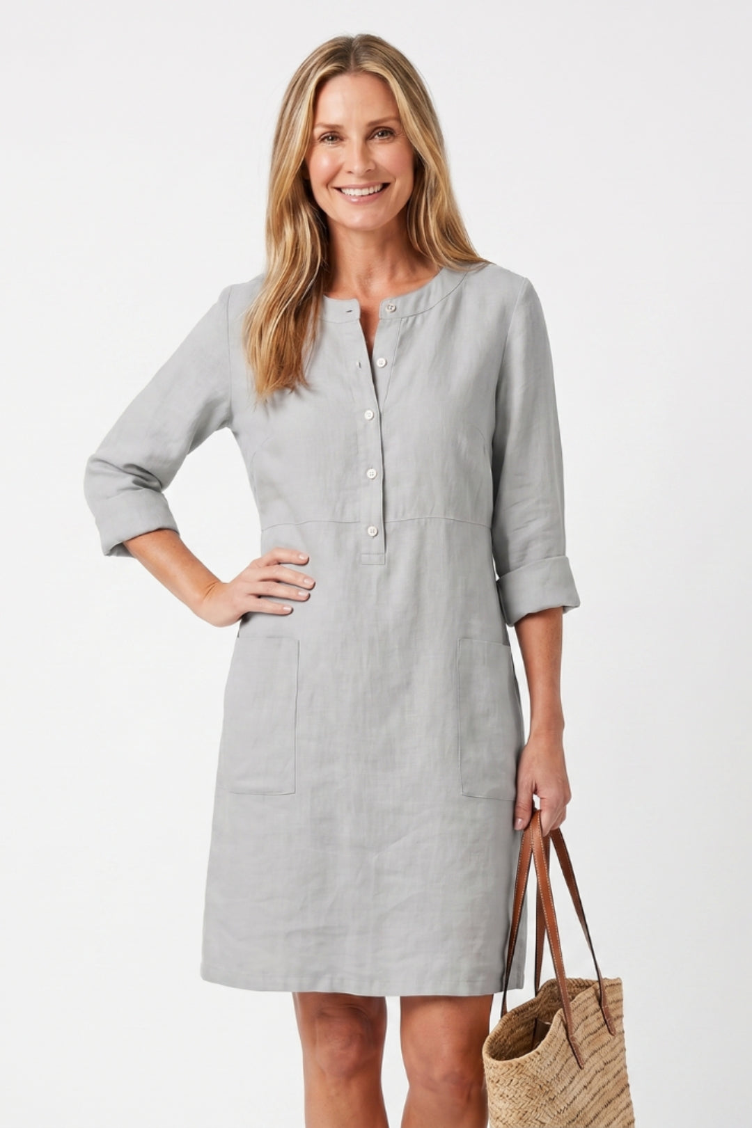 Women's Straight Cut Midi Dress - 3/4 Sleeve Linen Boho Dress with Side Pockets