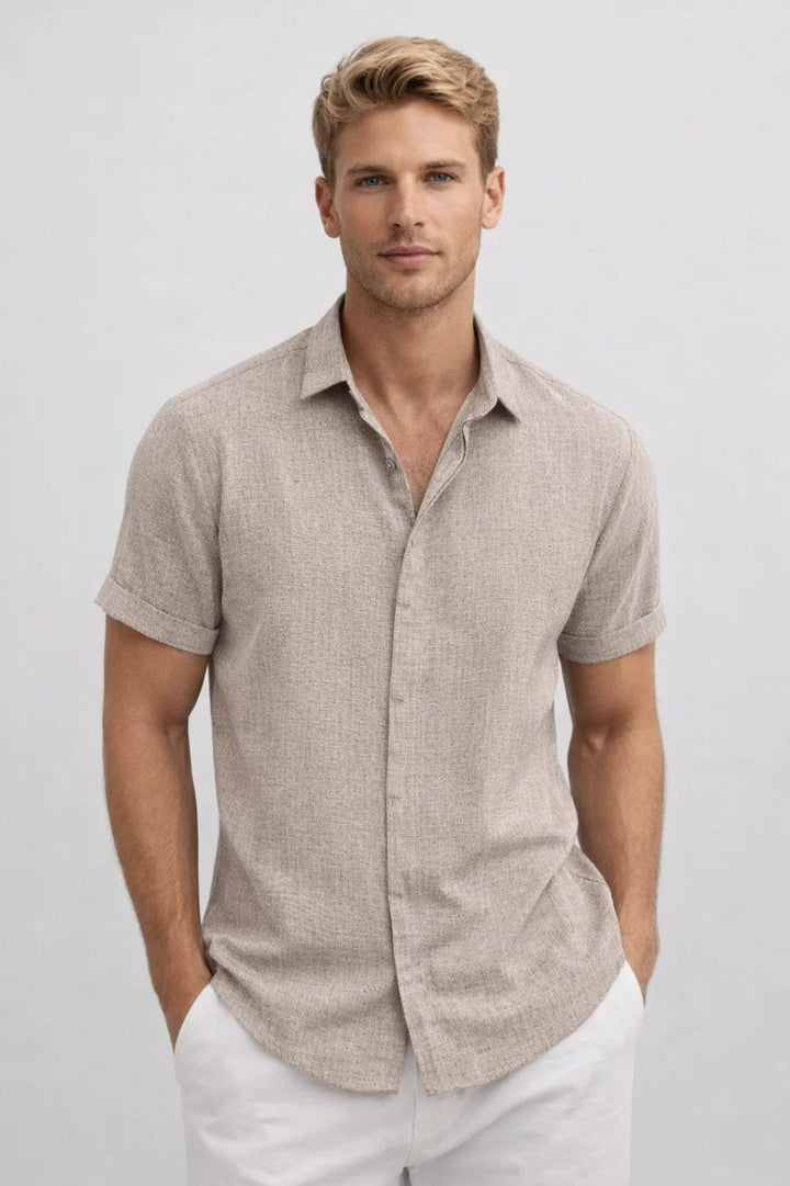 Men's Short Sleeve Shirt - Loose Fit - Sage Green Casual Button-Up