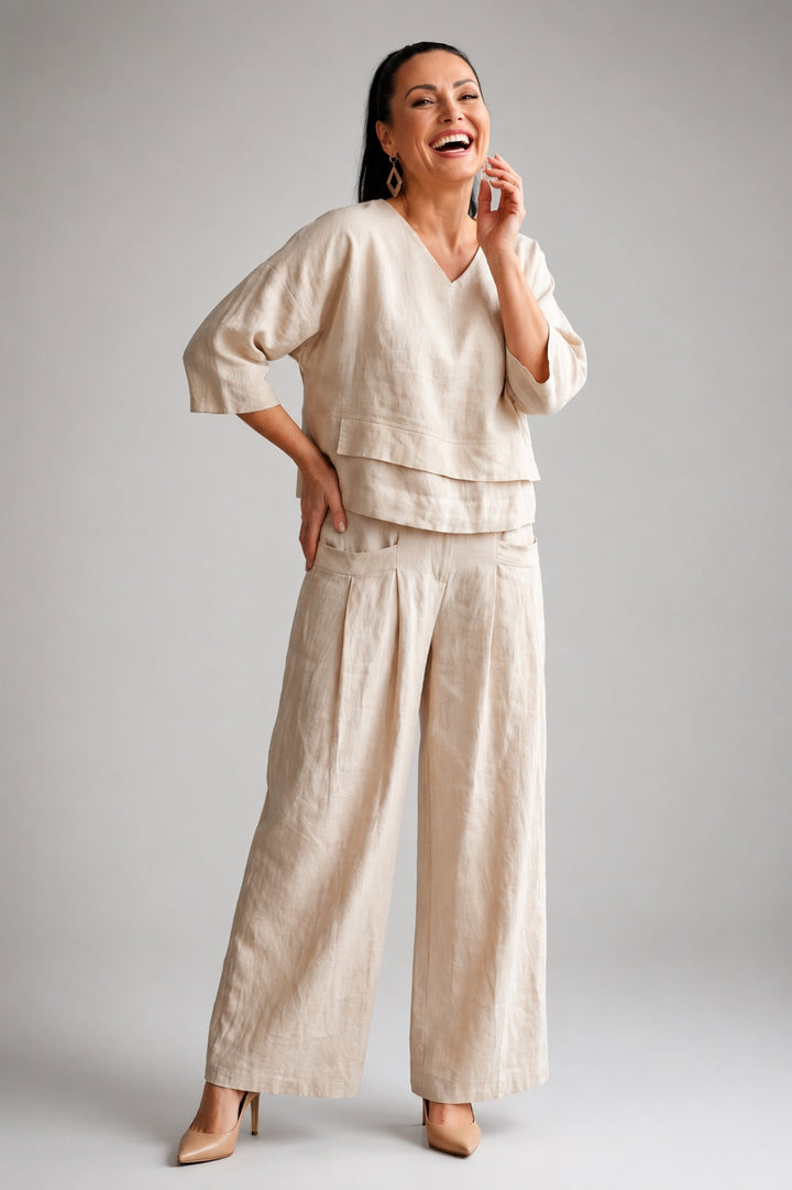 Linen Set Women Elegant – Layered V-Neck Top & Wide-Leg Trousers
