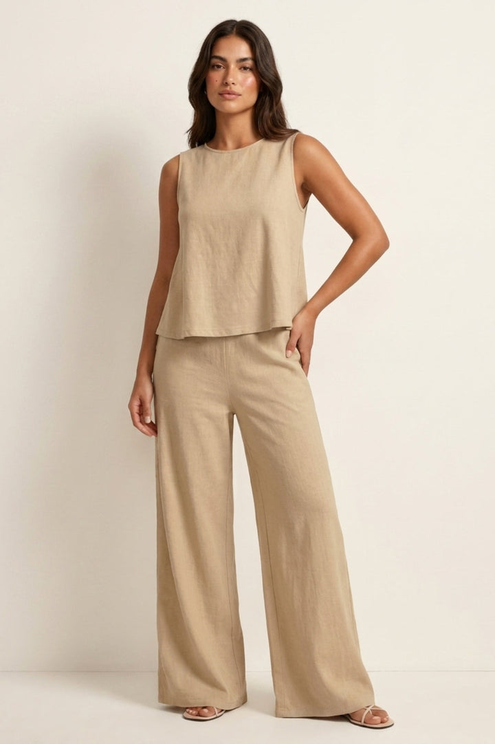 Women's Linen-Look Two-Piece Set | Sleeveless Top & Wide-Leg Pants