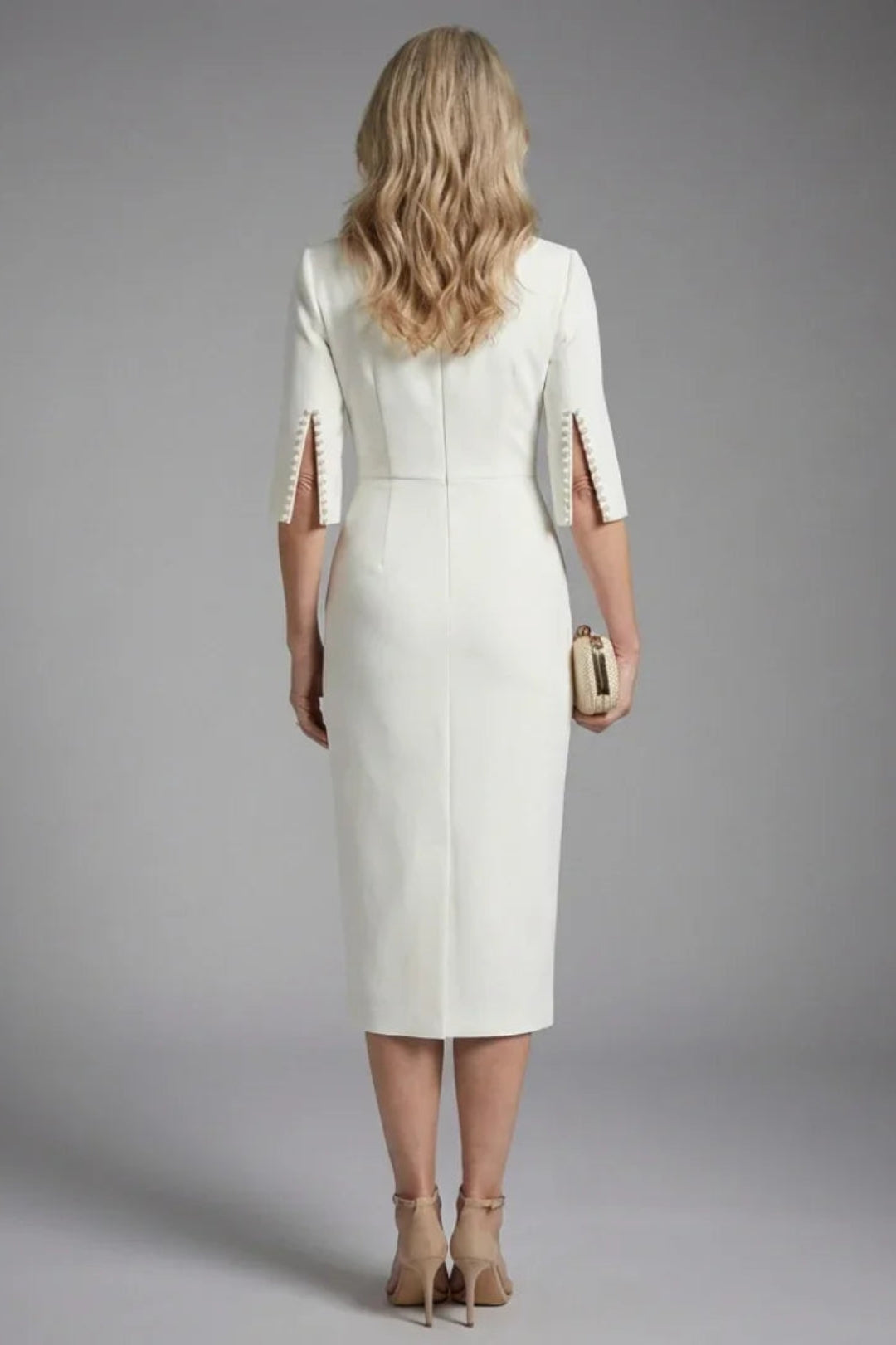 Women's Fitted Wedding Guest Dress - Black Midi with Flared Sleeves & Beaded Detail