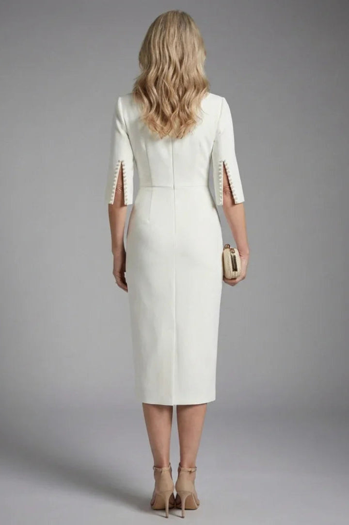 Women's Fitted Wedding Guest Dress - Black Midi with Flared Sleeves & Beaded Detail