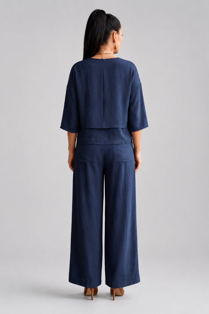 Linen Set Women Elegant – Layered V-Neck Top & Wide-Leg Trousers