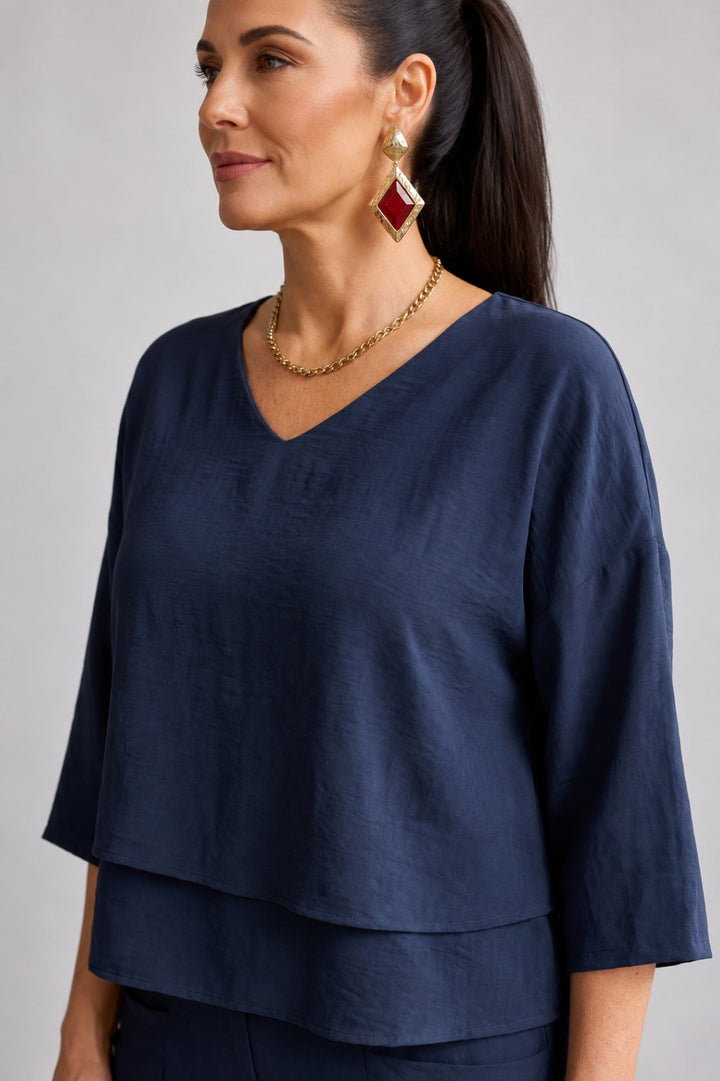 Linen Set Women Elegant – Layered V-Neck Top & Wide-Leg Trousers