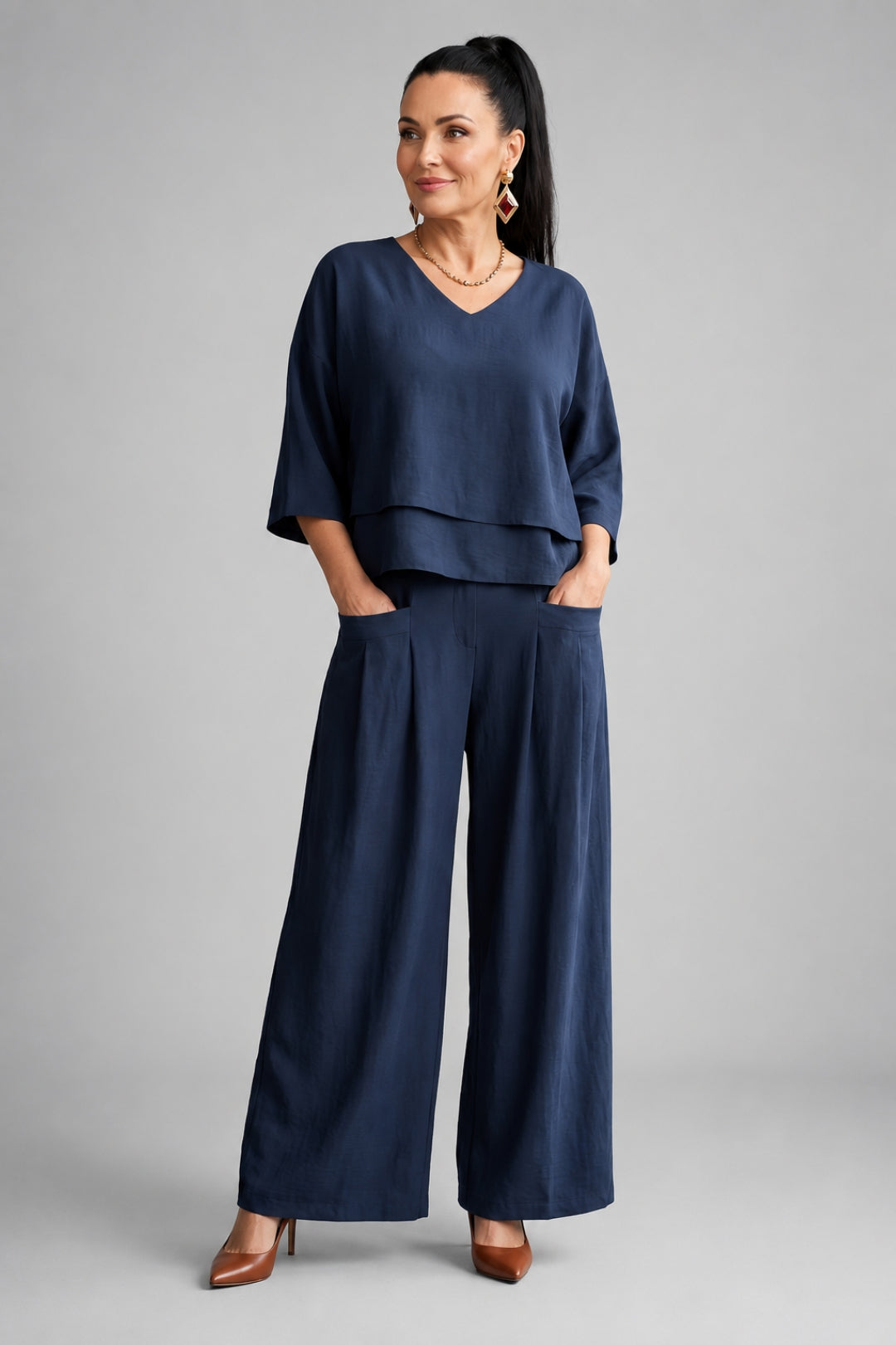 Linen Set Women Elegant – Layered V-Neck Top & Wide-Leg Trousers