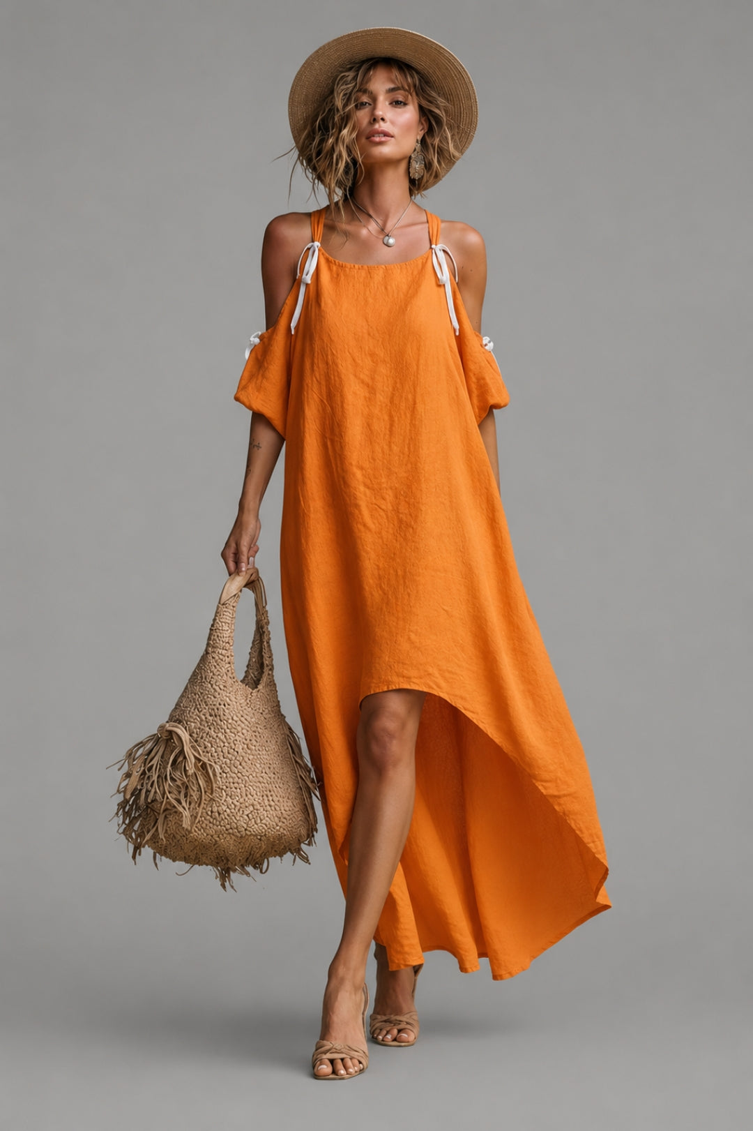 Thought process  Women's Loose Fit Linen-Look Dress | Off-Shoulder Tie Straps, Asymmetric Hem
