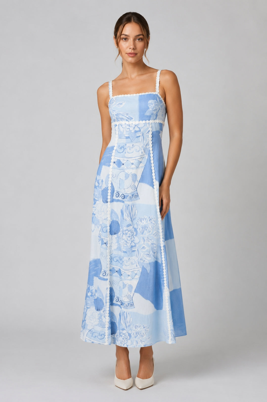 Women's Light Blue Maxi Dress | Straight Cut, Straps, Lace-Trim Hem
