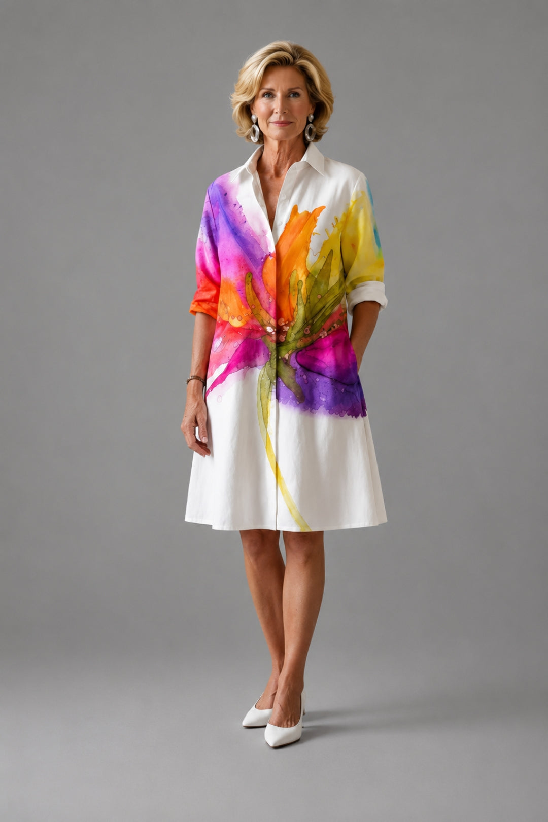 Straight-cut midi dress for women | Shirt collar, 3/4 sleeves, colorful linen-look print