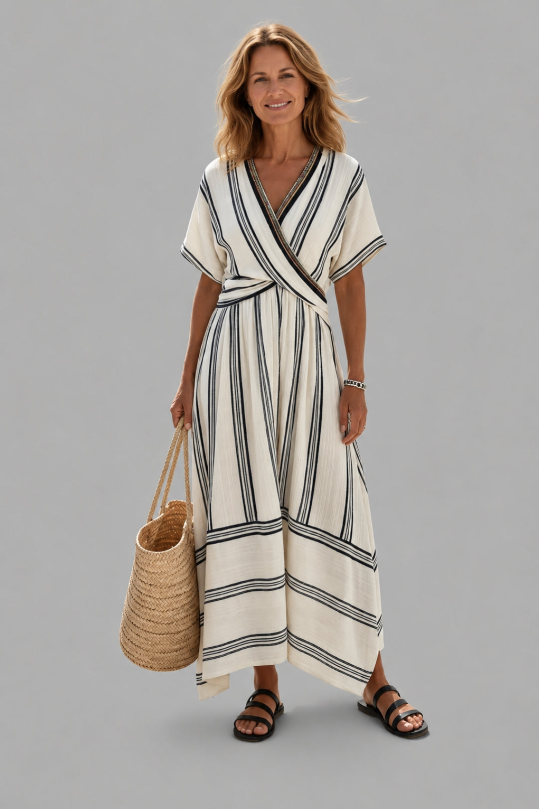 Women's Boho Striped Linen-Look Maxi Dress | Wrap Collar, Short Sleeve