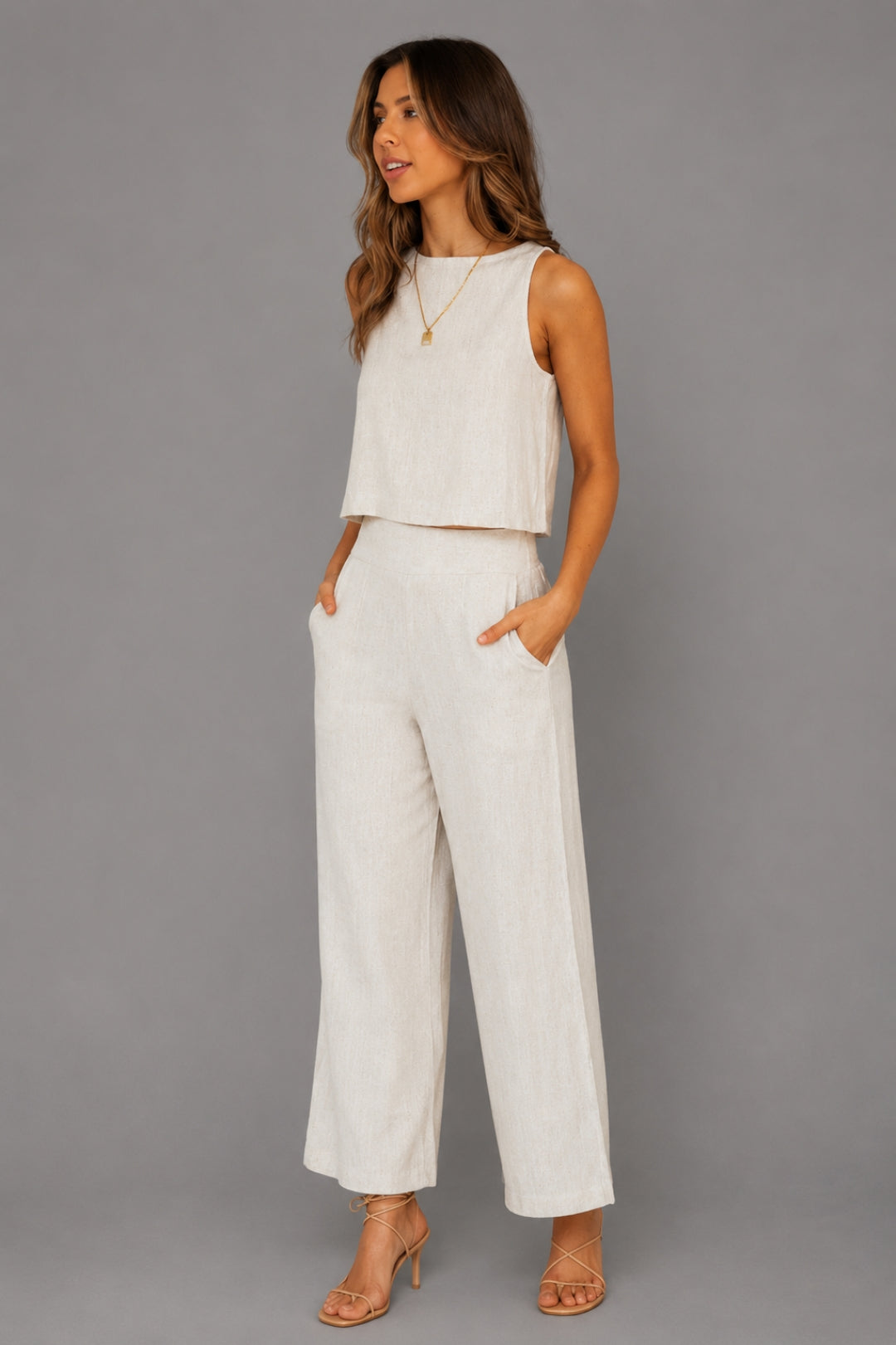 Women's 2 Piece Set - Sleeveless Flowy Top & Wide Leg Linen-Look Pants - Chic Outfit